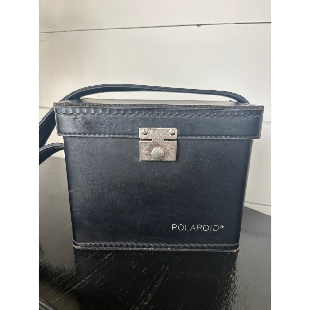 VTG Polaroid Camera Black Leather Hard Case Flip Top Adjustable Shoulder Strap